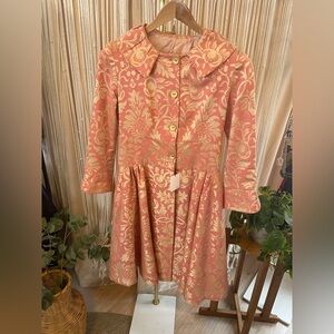 Vintage pink and gold floral jacquard brocade coat with Peter Pan collar